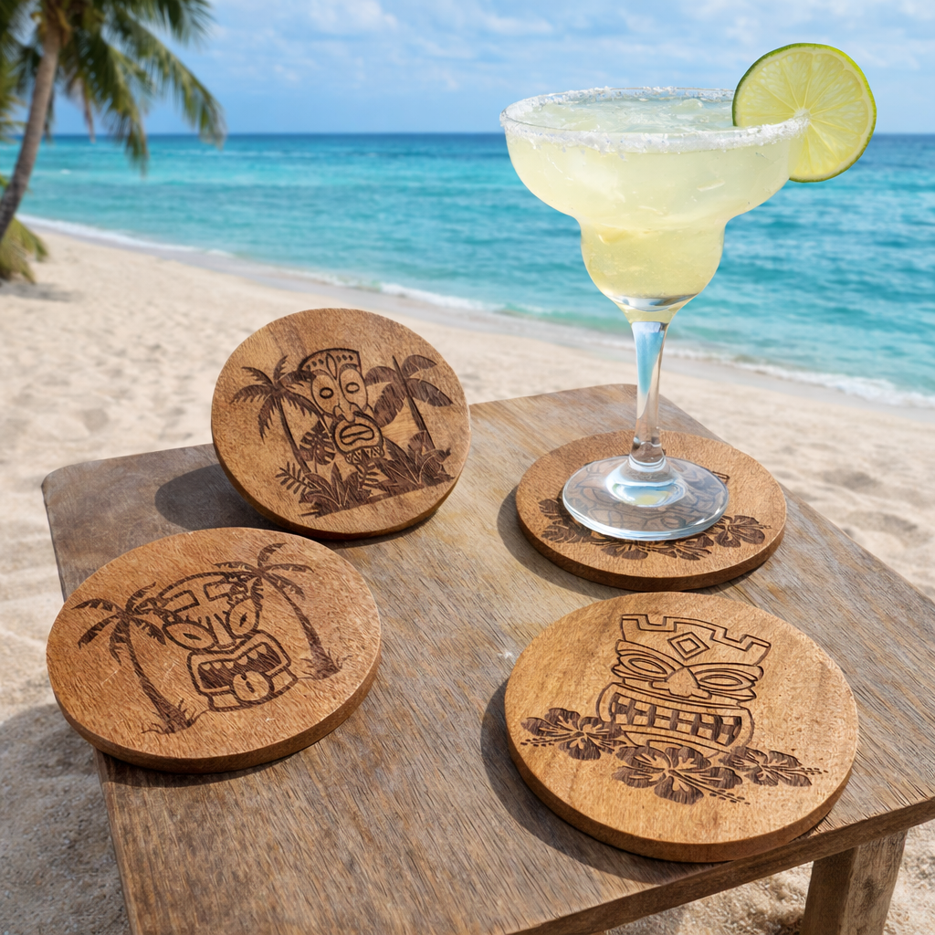 Tiki Time Wood Coaster Set