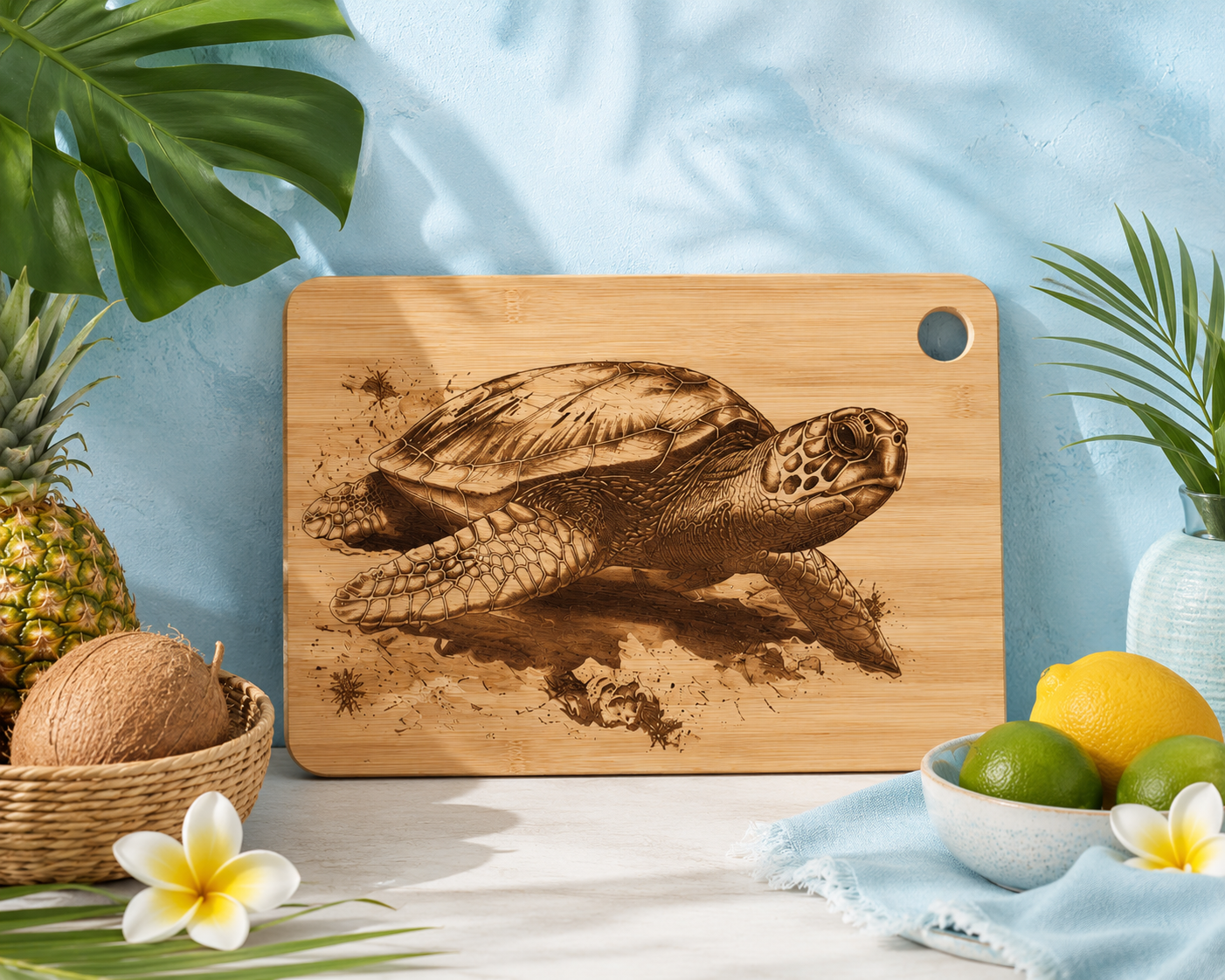 Engraved Sea Turtle Bamboo Cutting Board