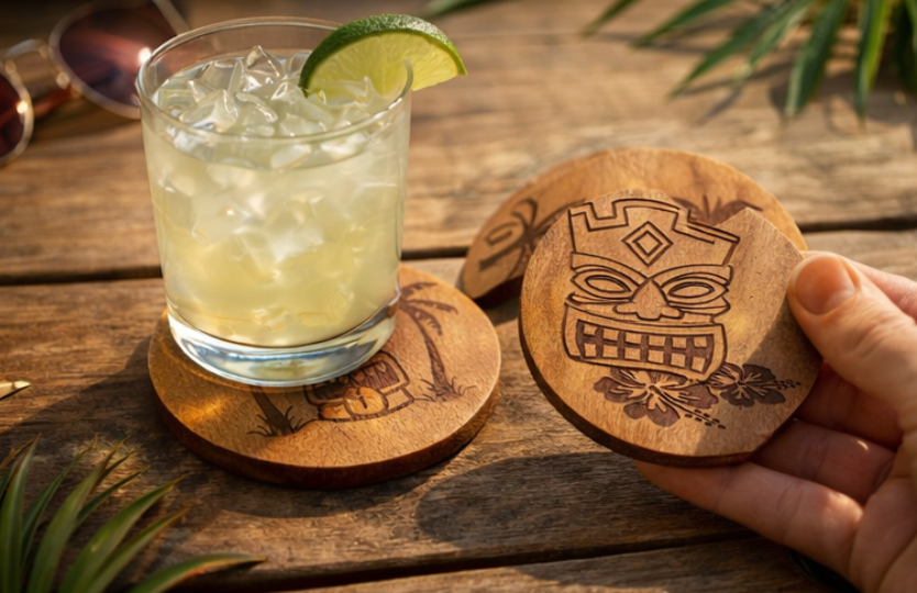 Tiki Time Wood Coaster Set