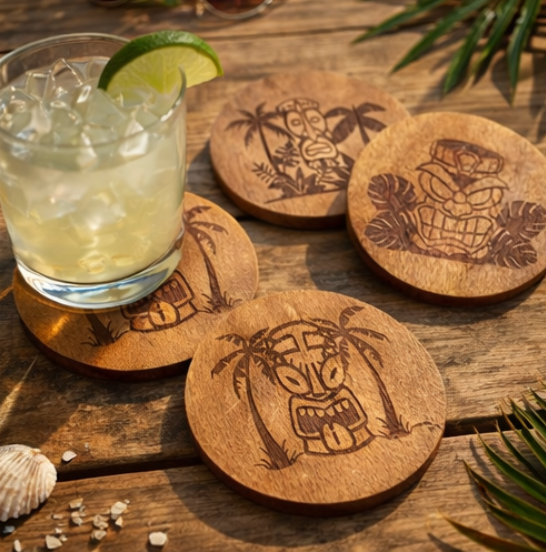 Tiki Time Wood Coaster Set