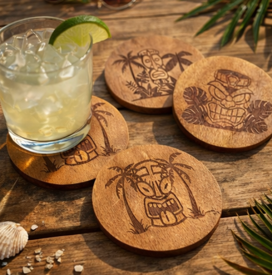 Tiki Time Wood Coaster Set