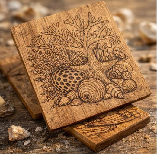 Island Seashell Wood Coaster Set