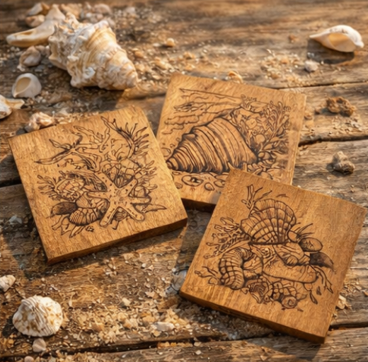 Island Seashell Wood Coaster Set